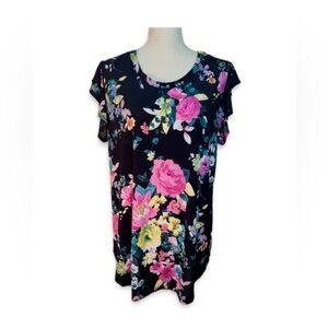 Heimish USA Floral Top Black with Pink and Yellow Accents Size XL